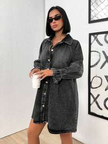 EURMUSE Casual Washed Front Button Denim Dress - Dark Grey - View 5