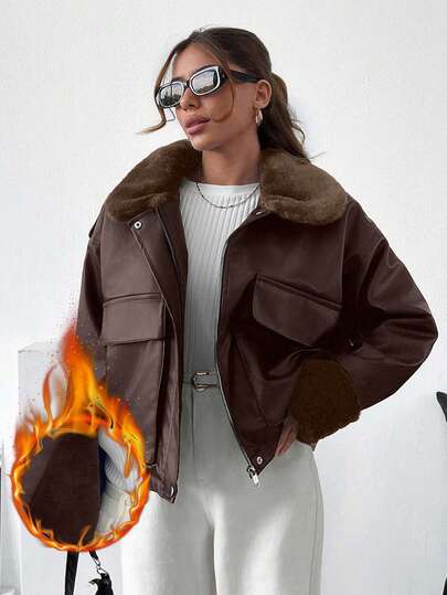EURMUSE Padded Coat With Borg Collar, Flap Pocket, PU Leather, Furry Lining, High Quality PU Jacket, Very Soft And Comfortable