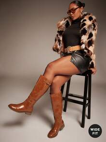 SHUZIA Giày bốt cao đến đầu gối đế chunky rộng thoải mái cho nữ có khóa điều chỉnh - màu nâu - Xem 1