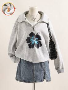 Sweetra Young Tween Girl Floral Print Drop Shoulder Long Sleeve Zip-Up Casual Fleece Sweatshirt, Autumn/Winter - Grey - View 6