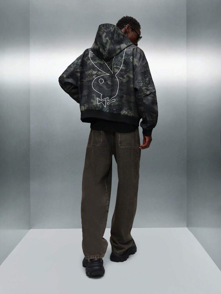 PLAYBOY X SUMWON Veste à capuche courte camouflage avec fermeture éclair et grand logo imprimé pour le streetwear casual d'hiver