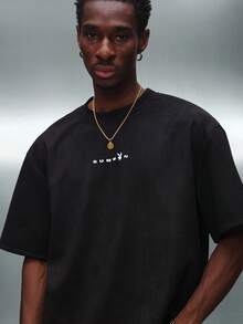 PLAYBOY X SUMWON Boxy Fit Suedette T-Shirt With Back Print And Front Logo For Casual Streetwear - Black - View 5