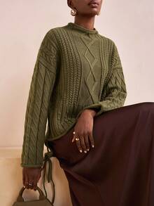 Zivah Winter New Styles, Christmas, New Year, Wedding Season, Valentine's Day, Birthday Parties, Graduation Season, Daily Outings, Basic, Versatile, Casual Vacation, Cruise Travel, Casual Elegance, Commuting, Street European Style, Simple Style, Women's Holiday Outfits, Small Stand-Up Collar, Braided, Woolen, Off-The-Shoulder, Loose Long-Sleeved, Military Green Sweater, Pullover, Women's Sweater - Army Green - View 2