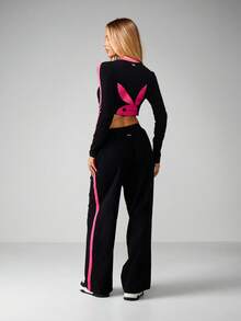 Missguided x Playboy Cotton Long Sleeve Crop Top Wide Leg Pants Coordinated Set With Pink Contrast Detail Logo Print Casual Urban Streetwear Fashion Outfit