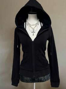 Attitoon Lässiger, vintage, punk, street Y2K Skelett Flügel Kreuz Rose Blume Englisch Buchstaben Strass Krone Muster Loose Reißverschluss Hoodie Sweatshirt für Frauen, bequem für Herbst/Winter