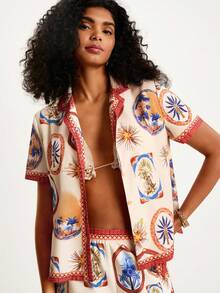 CAJUNI 女士休闲度假米色短袖印花衬衫 - 约会装 - 海滩 - 彩色 - 查看 5