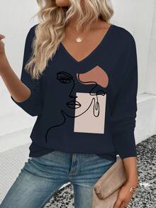 EMERY ROSE Women's Geometric Portrait Print V-Neck Long Sleeve Casual Versatile T-Shirt, Autumn/Winter Best Seller - Navy Blue - View 3