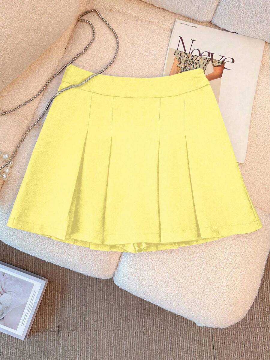 SHEIN LUNE Women's Solid Color Pleated Casual Mini Skirt - Yellow - View 1
