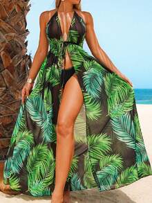 Swim Vcay Tropical Print Backless Halter Maxi Cover Up For Beach Vacation - Multicolor - View 5
