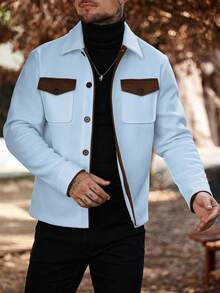 Manfinity Homme Men's Long Sleeve Casual Commuter Coat, Autumn/Winter Button Placket Light Blue Coat - Blue - View 5