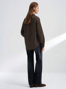 Airaco 女式纯色落肩长袖单排扣休闲口袋衬衫 - 棕色 - 查看 7