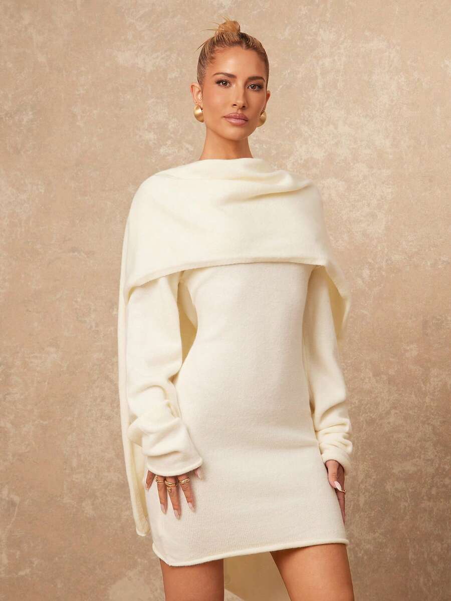 Lumalex VITNOS Women's Elegant Beige White Knit Mini Dress With Scarf,Long Flared Sleeves,Autumn Winter Clothes For Dinner Date,French Chic Party Looks