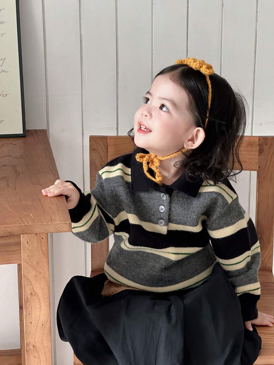 DAZY Toddler Girls' Regular Turndown Collar Striped Korean Style Casual Long Sleeve Sweater, Autumn/Winter