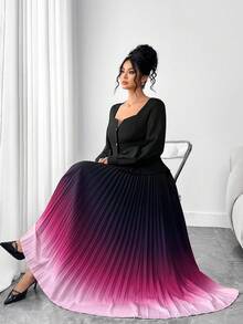 SHEIN Elenzya Conjunto elegante de 2 piezas de talla grande para mujer con blusa de manga larga con bajo de paraguas en cuello en V y redondo en color negro y falda maxi degradada en morado, para otoño/invierno - Morado - Ver 7