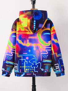 SHEIN 青少年男童休闲夜光游戏机图案简约长袖卫衣，适合秋冬季穿着 - 黑色 - 查看 2