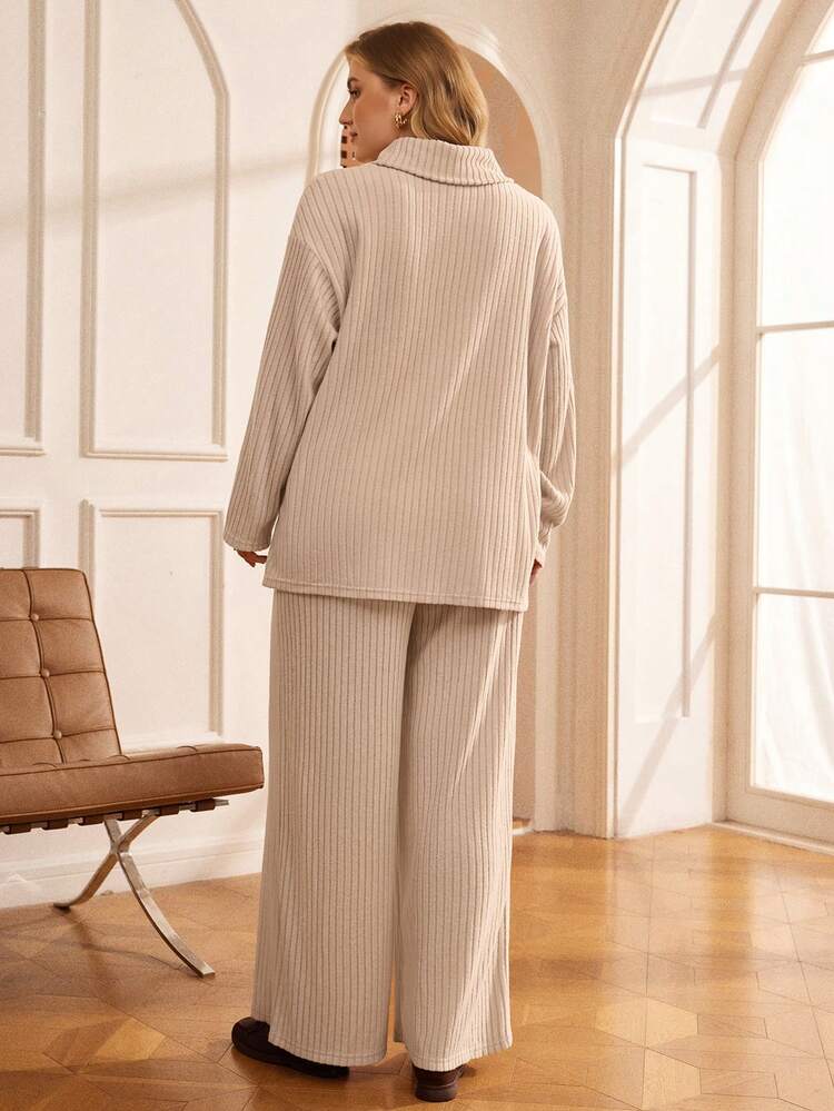 Conjunto de 2 piezas de talla grande de pantalón y blusa de manga larga de unicolor informal, para otoño