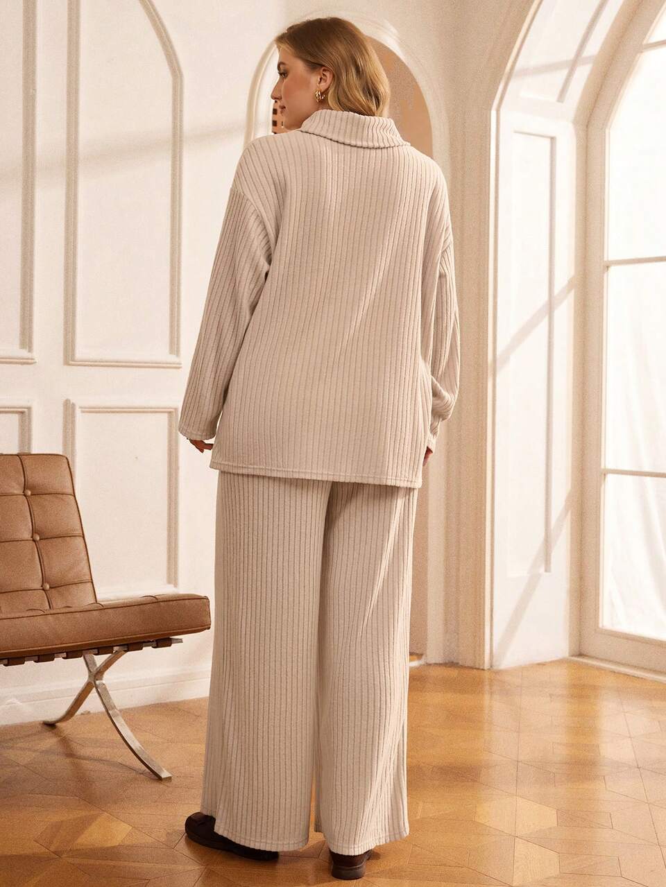 Plus Size Casual Solid Color Long Sleeve Top And Pants 2 Pieces Set, Autumn/Winter,2025 New