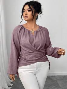 Elenzga Plus Size Casual/Work Crossover Wrap Shirt, Autumn - Dusty Purple - View 3