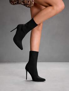 CUCCOO SZL 女士时尚黑色绒面尖头高跟踝靴