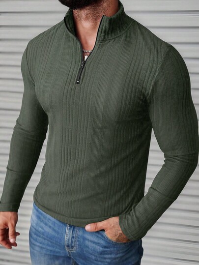 Manfinity CasualCool Men's Casual Solid Color Half-Zip Neck T-Shirt Men Zip Up Shirt Men Sweater Top Men Casual Tops Knitted Men Shirt Autumn Fall/Winter Old Money,Daily Leisure, Weekend Trips, Outdoor Activities, Travel Expeditions, Relaxed Work Environments Or Semi-Formal Occasions,Boyfriend/Husband Gift, Anniversary Gift Christmas Mens Casual Tops Mens Knitted Shirt