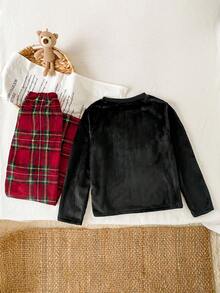 2025新款圣诞女童儿童法兰绒加厚套头休闲睡衣套装秋冬家居服 - 酒紅色 - 查看 2