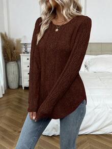 EMERY ROSE Suéter de cuello redondo de manga larga con patrón de cable elegante para mujer, otoño/invierno - Óxido marrón - Ver 6