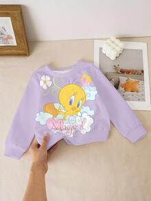 LOONEY TUNES X SHEIN Baby Girl Casual Cute Cartoon Pattern Crew Neck Sweatshirt, Autumn - White - View 7