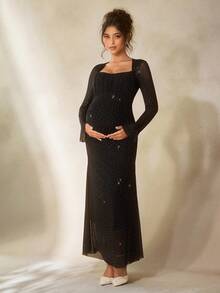 Cheriluna Maternity Vestido de maternidad elegante con cuello cuadrado largo, unicolor y con strass para sesión de fotos - Negro - Ver 4