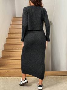 SHEIN Umstandsmode einfarbiger Langarm-Cardigan, Weste mit quadratischem Ausschnitt und verstellbarer Taille Midi-Rock Lässig Anzug, Herbst - Schwarz - Übersicht 2