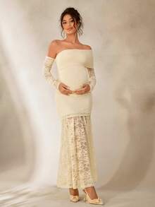 Cheriluna Maternity 優雅蕾絲露肩透視長袖孕婦攝影禮服/長裙 - 杏色 - 查看 4