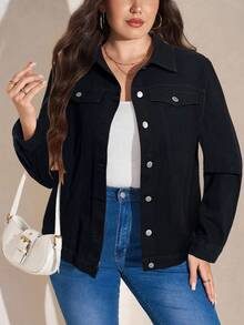 EMERY ROSE Plus Size Women's Casual Loose Denim Jacket With Single-Breasted, Long Sleeve, Autumn - Black - View 1