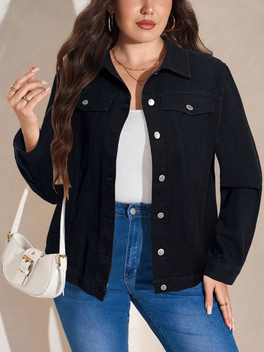 EMERY ROSE Plus Size Women's Casual Loose Denim Jacket With Single-Breasted, Long Sleeve, Autumn - Black - View 1