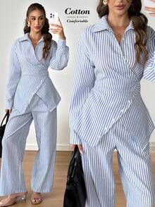 SHEIN LUNE Women's Striped Long Sleeve Button Design Shirt And Wide Leg Pants Casual 2 Pieces Set Setup Autumn Winter Women - Blue and White - View 1