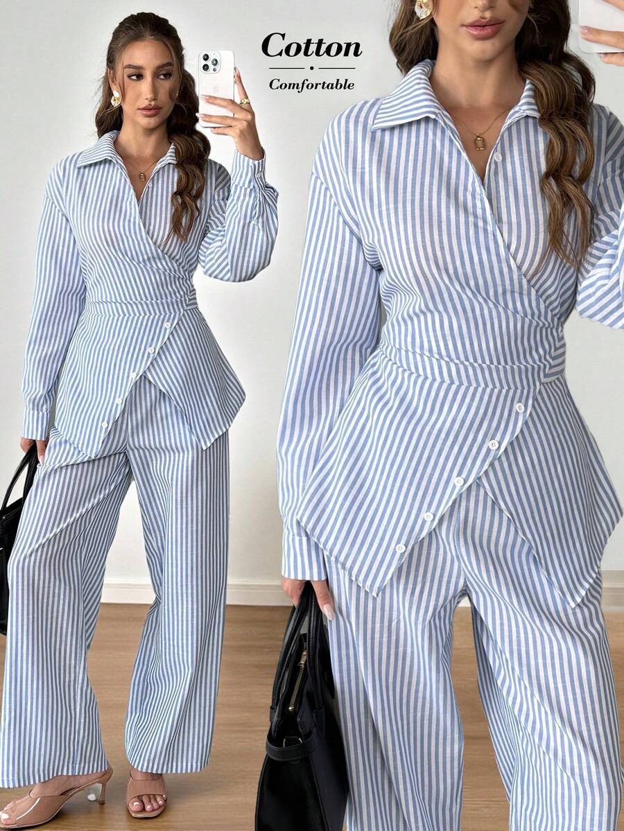 SHEIN LUNE Women's Striped Long Sleeve Button Design Shirt And Wide Leg Pants Casual 2 Pieces Set Setup Autumn Winter Women - Blue and White - View 1