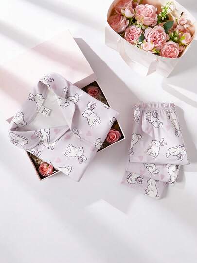 2pcs Girls Cute & Elegant Purple Heart Rabbit Pattern Long Sleeve Top And Pants Comfortable Homewear Set Cute Girls Sets Cute Pj Sets 2pcs Set Toddler Girls Cute Vintage Style Bow Pajama Set