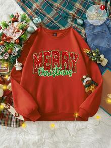 SHEIN LUNE Casual Minimalist Printed Pattern Crew Neck Loose Fit Thick Sweatshirt For Women, Suitable For Autumn/Winter, Red, Merry Christmas Graphic