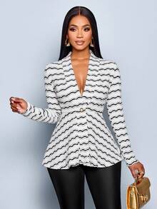 SOLERSUN Women's Fashionable Striped Knit Textured Single Button Light Coat - Black - View 5