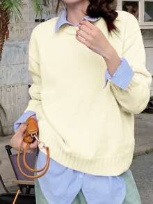 DAZY 1pc Women's Loose Fit Solid Color Crew Neck Long Sleeve Sweater