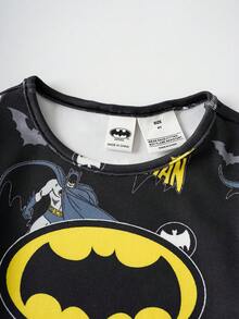 BATMAN X SHEIN 85th 小男孩卡通全身印花针织圆领长袖上衣和紧身裤睡衣套装 - 黑色 - 查看 4