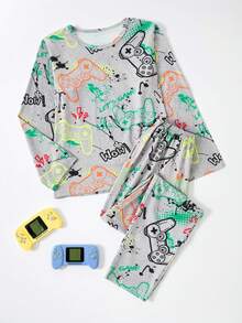 2 件套青少年男孩电子游戏印花睡衣套装 - 长裤和长袖上衣 - 深灰色 - 查看 3