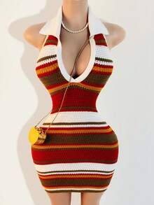 SHEIN PETITE 短款条纹针织连衣裙，春秋 - 白色 - 查看 4