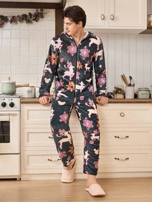 CoupledUp Christmas Deer & Snowflake Fleece Long Sleeve Jumpsuit Men's Pajama - Grey - View 2
