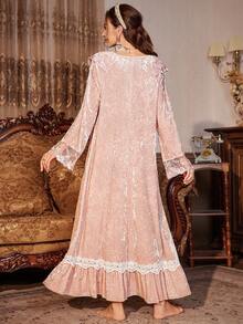 PalaceNights 女士宽松长袖睡裙，天鹅绒刺绣花卉饰边，荷叶边下摆，秋冬睡衣，宽松睡裙 - 粉色 - 查看 2