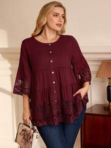 Rosumi 大码女式早春七分袖蕾丝拼布白衬衫 - 酒紅色 - 查看 1