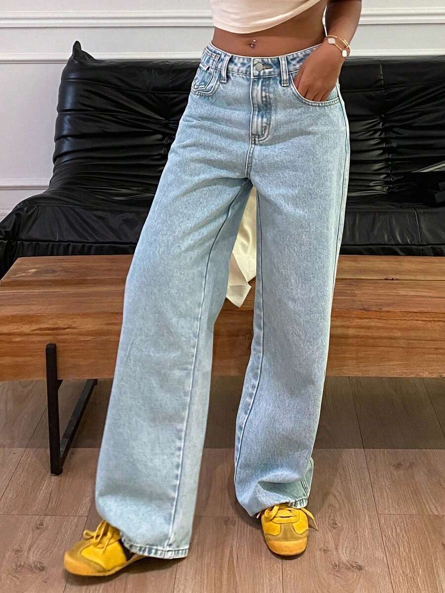 Dazy Tall 女式高腰豹纹宽松休闲街头风牛仔裤 - 藍色 - 查看 1