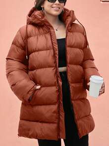 EURMUSE Plus Size Zip Up Drawstring Hooded Padded Coat - Brown - View 6