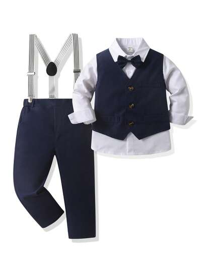 SHEIN 3件套男士西装，适合年轻男孩，包含领结、白色翻领衬衫、酒红色背心和可调节条纹吊带裤。适合正式场合、生日、婚礼、万圣节、圣诞节、感恩节庆祝活动以及日常休闲穿着。