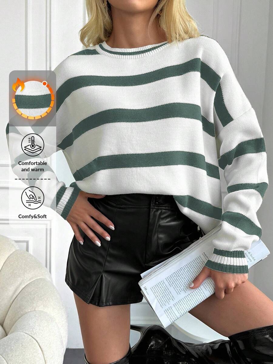 SHEIN Cottnline Women Casual Colorblock Striped Pattern Drop Shoulder Loose Pullover Sweater - Mint Green - View 1