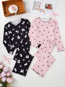 Bộ đồ ngủ 4 món cổ tròn in nơ tay dài và quần dài cho bé gái tuổi teen, Xuân/Thu - Nhiều màu - Xem 1