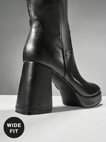 SHUZIA 女式宽筒日常休闲舒适圆头粗跟及膝靴 - 黑色 - 查看 5